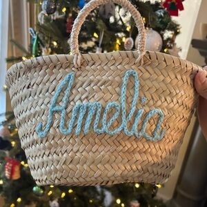 Personalized Straw Tote Basket with Blue Amelia Embroidery